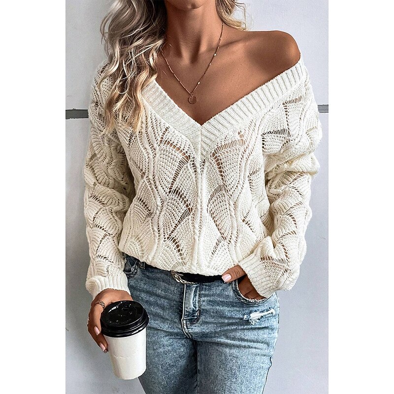 Women's Sweater Stylish Solid Color V Neck Hollow Out Long Sleeve Regular Tops Knit Work Black Green Fall Winter - Main Image