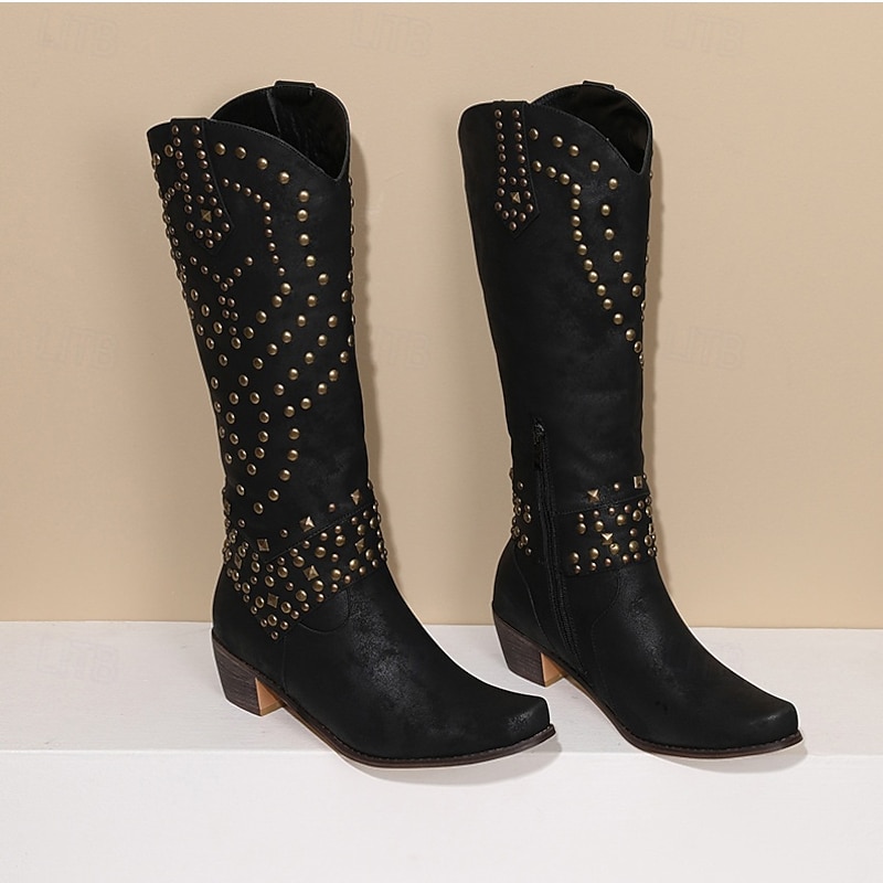 Women's Black Studded Faux Leather Knee-High Boots with Block Heels - Western Style Fashion Footwear for Fall and Winter2