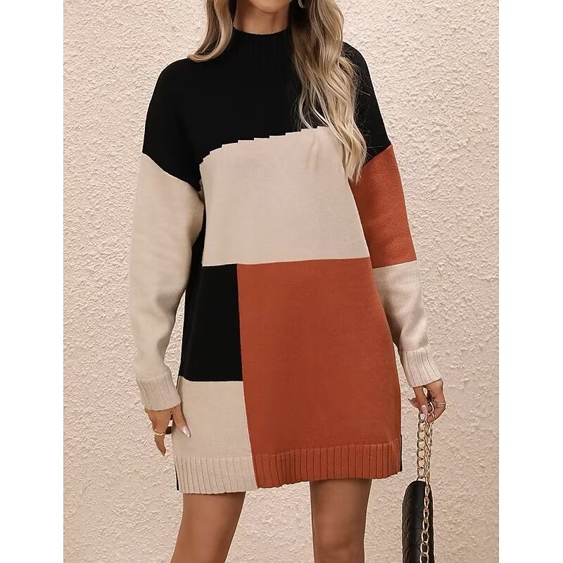 Women's Sweater Stylish Color Block Mock Neck Crewneck Long Sleeve Long Tops Knit Work Red Brown Blue Fall Winter