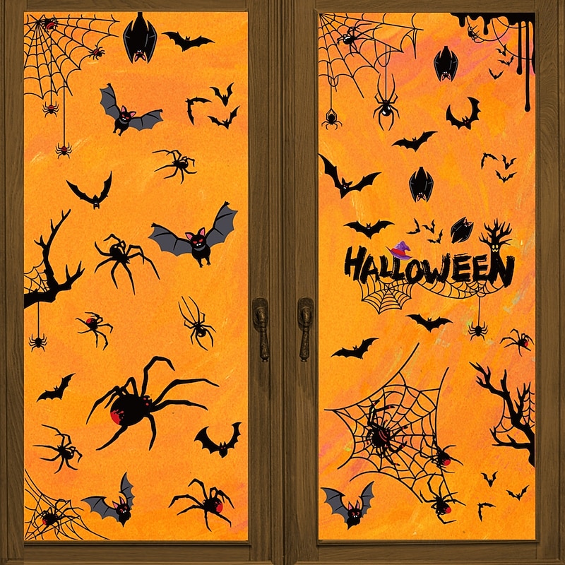 4 Sheets Halloween Window Cling Sticker Decals Decorations Double Side, Creative Spider Web Bat Static Stickers for Store Window Display and Halloween Decor