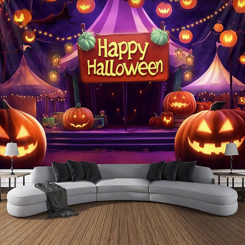 Halloween Decorations Blacklight Tapestry UV Reactive Glow in the Dark Glow Party Skulls Psychedelic Trippy Misty Hanging Tapestry Wall Art Mural for Living Room Bedroom Pumpkins2