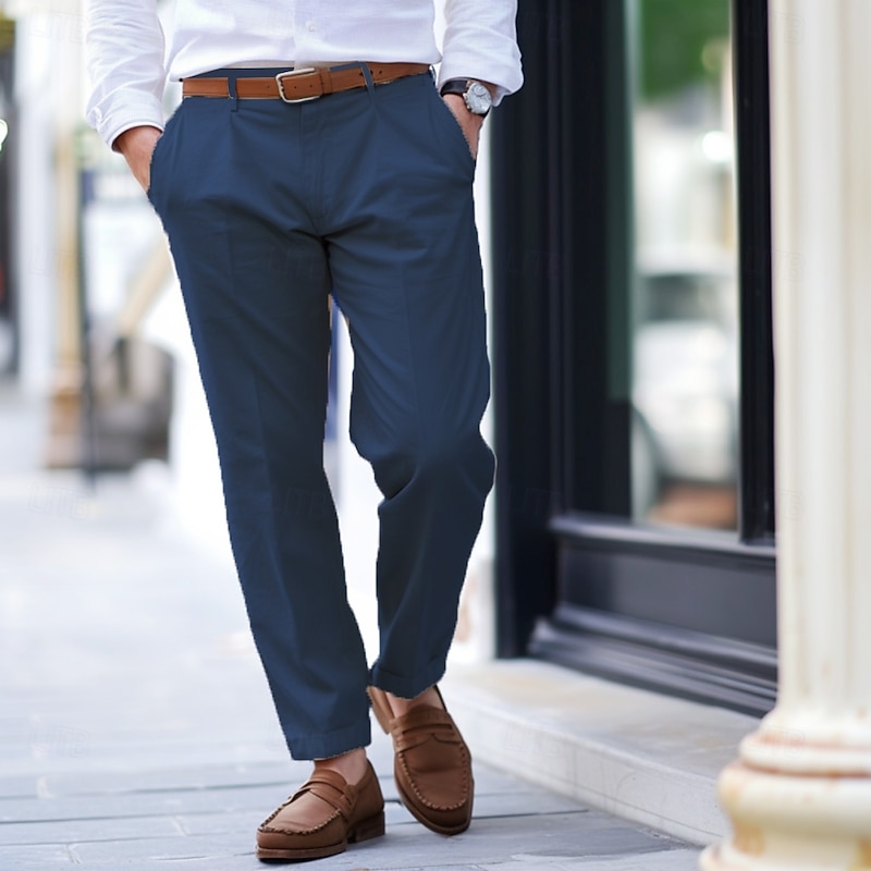 Men's Linen Pants Trousers Dress Pants Beach Pants Front Pocket Straight Leg Plain Comfort Breathable Formal Business Holiday Fashion Basic Navy Blue Khaki2