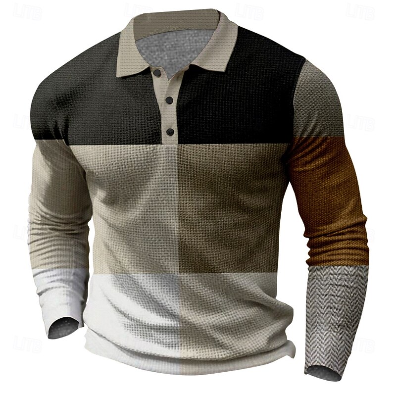 Men's Plaid Golf Shirt Long Sleeve Polo Shirts Collared Shirts Vintage Casual Vacation Wear Formal Wear Festival Wear Buttons 3D Print Spring Fall Winter Dark Brown Black White3