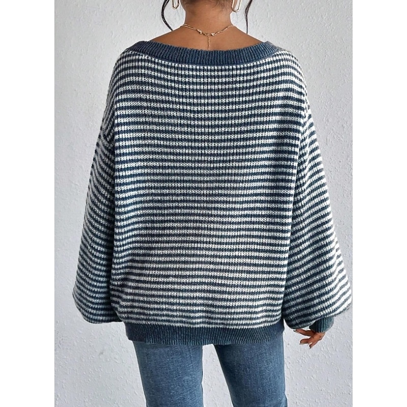 Women's Sweater Stylish Graphic Chunky One Shoulder Boat Neck Off Shoulder Stripe Long Sleeve Long Tops Knit Work Daily Navy Blue Fall Winter3