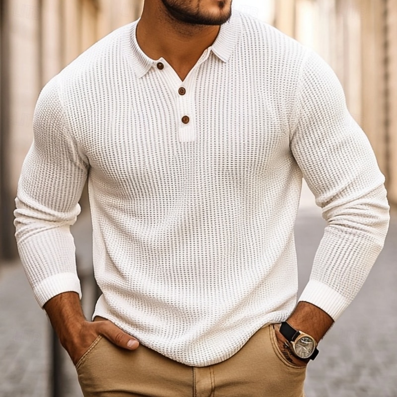 Men's Golf Shirt Waffle Knit Polo Shirt Formal Business Ribbed Polo Collar Long Sleeve Fashion Solid Color Button Spring &  Fall White Golf Shirt
