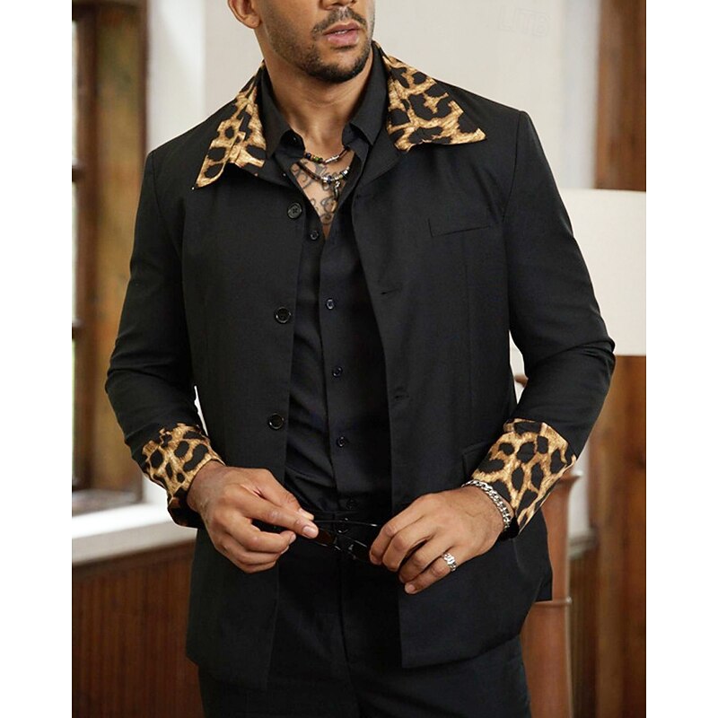 Men's Blazer Business Cocktail Party Wedding Party Fashion Casual Spring &  Fall 65% Cotton Leopard Pocket Buttons Comfortable Single Breasted Blazer Black