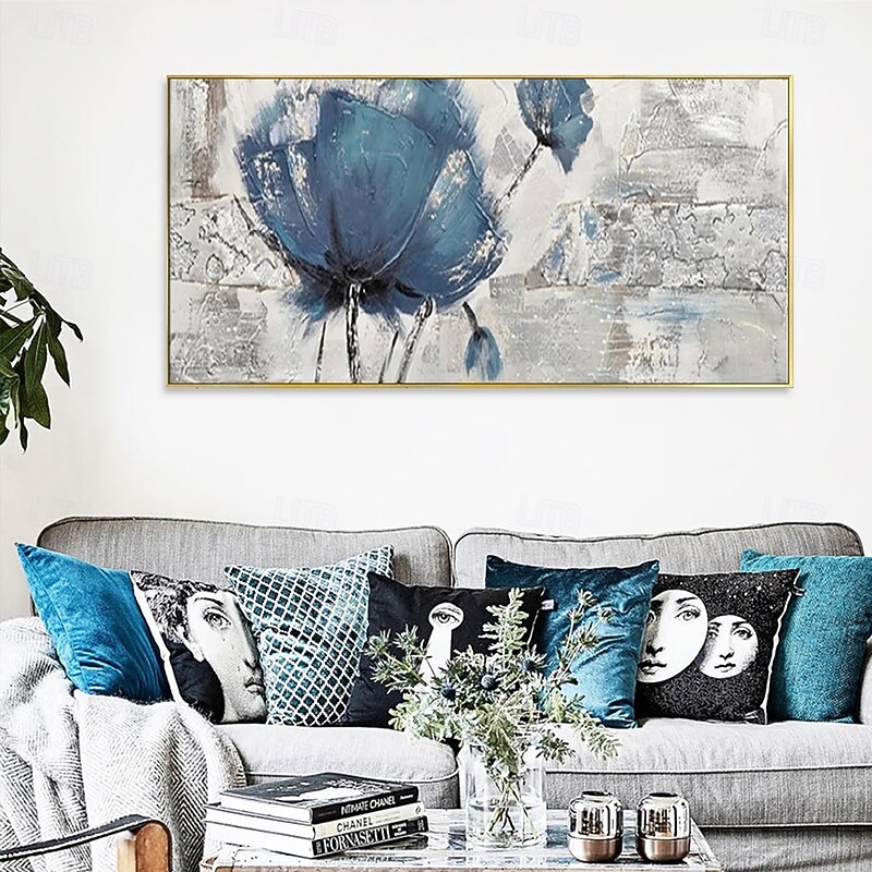 Handmade Oil Painting Canvas Wall Art Decoration Modern Abstract Texture Big Blue Rose Flower for Living Room Home Decor Rolled Frameless Unstretched Painting2