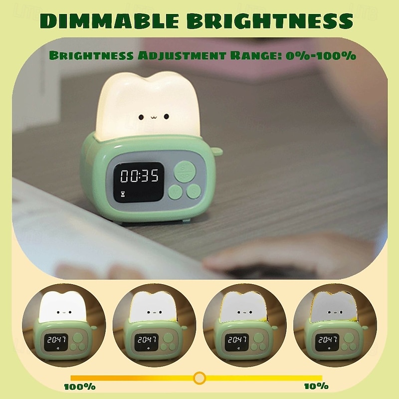 Toast Clock Timer Lamp Cute LED Bread Night Light with USB Dimmable Table Clock Alarm for Kids Soft Light2
