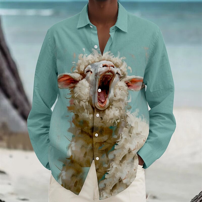 Men's Sheep Button Up Shirt Long Sleeve Hawaiian Vacation Daily Fall Winter Spring & Summer Collared Shirts 3D Print Green