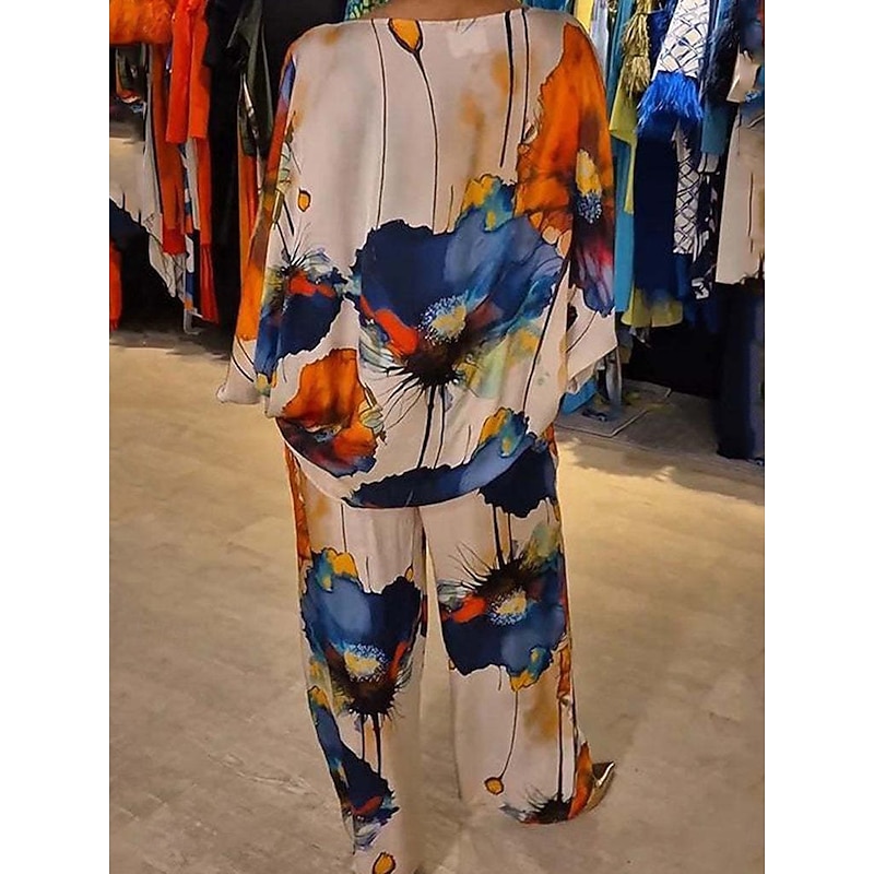 Women's Elegant Vintage Blouse Pants Trousers Long Sleeve Crew Neck Graphic Print Party Work Dailywear Blue Spring Loose Fit2