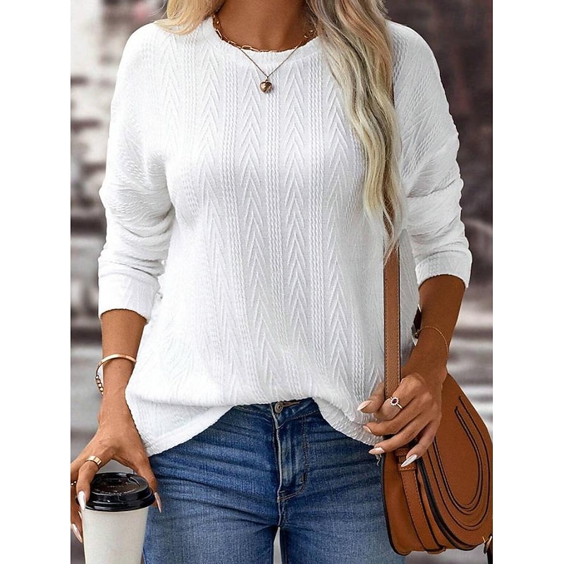 Women's Pullover Elegant Fashion Plain Work Dailywear Casual Crew Neck Buttons Long Sleeve White Fall Winter