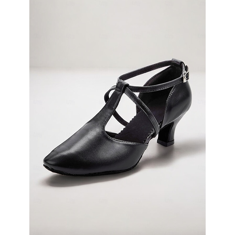 Black Faux Leather Dance Shoes with Cross Strap Design – Women's Comfortable Ballroom and Latin Dance Heels3