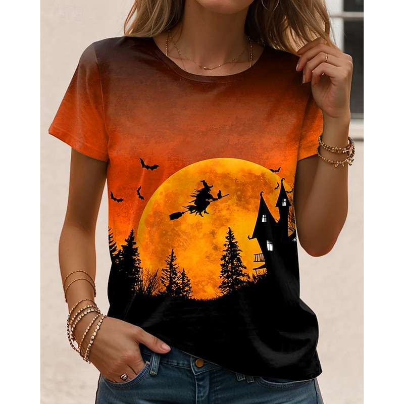 Halloween Women's T shirt Witch Tee Print Daily Casual Short Sleeve Crew Neck Round Neck Orange Summer