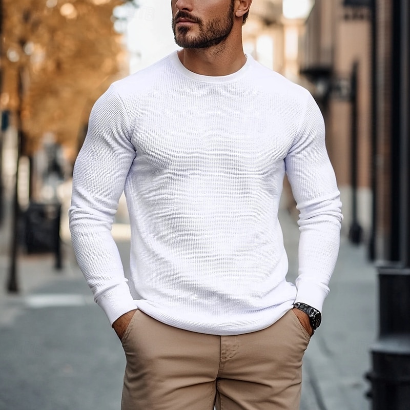 Men's Waffle T-shirt T Shirt Tee Top Long Sleeve Shirt Long Sleeve Crew Neck Spring &  Fall Plain Fashion Designer Basic Vacation Street Going out Army Green White Navy Blue Top Tee for Men