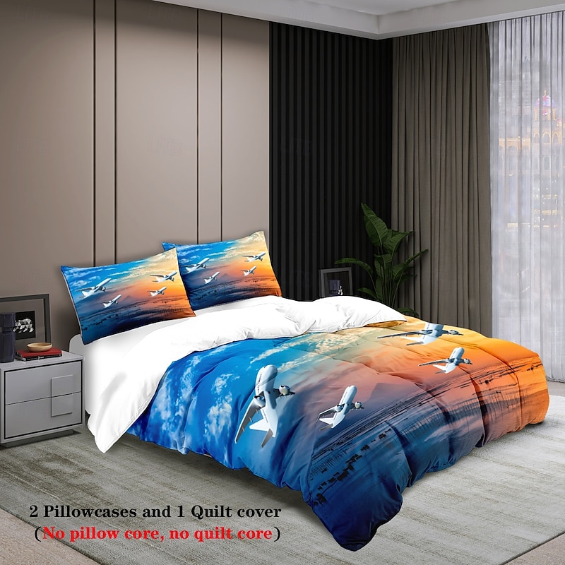 Sunset Sunset Civil Aviation Aircraft Printed 3-Piece Down Quilt Set Hotel Bedroom Guest Room Luxury Bedding Comfortable Set 1 Down Quilt Set 2 Pillowcases Queen Bed Set 2 Piece Set 3 Pie3
