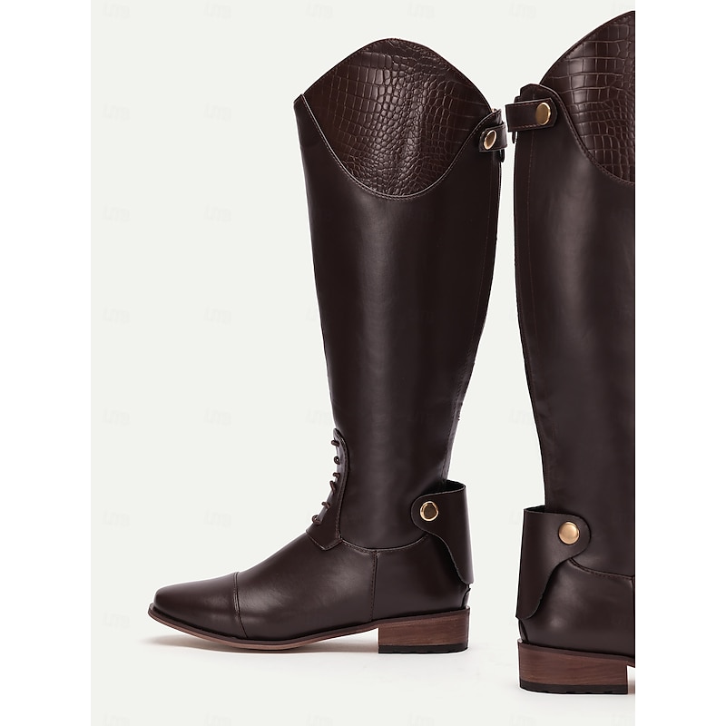 Women's Brown Leather Knee-High Riding Boots with Crocodile Pattern Accents, Stylish and Durable for Equestrian and Outdoor Wear3