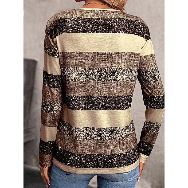 Women's Tunic Stylish Casual Print Long Sleeve Regular Tops V Neck Daily Light Brown Spring Fall2
