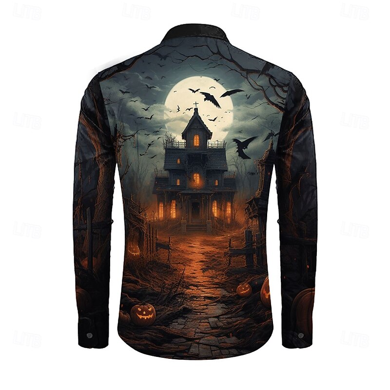 Halloween Men's Spooky Moon Halloween Costumes Button Up Shirt Long Sleeve Horror Party Evening Wear Fall Winter Spring & Summer Shirt Collar 3D Print Black2