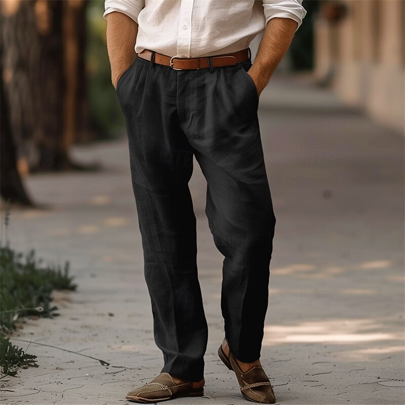 Men's Linen Pants Trousers Summer Pants Pleated Pants Dress Slacks Front Pocket Straight Leg Plain Comfort Breathable Full Length Casual Daily Holiday Fashion Basic Black White3