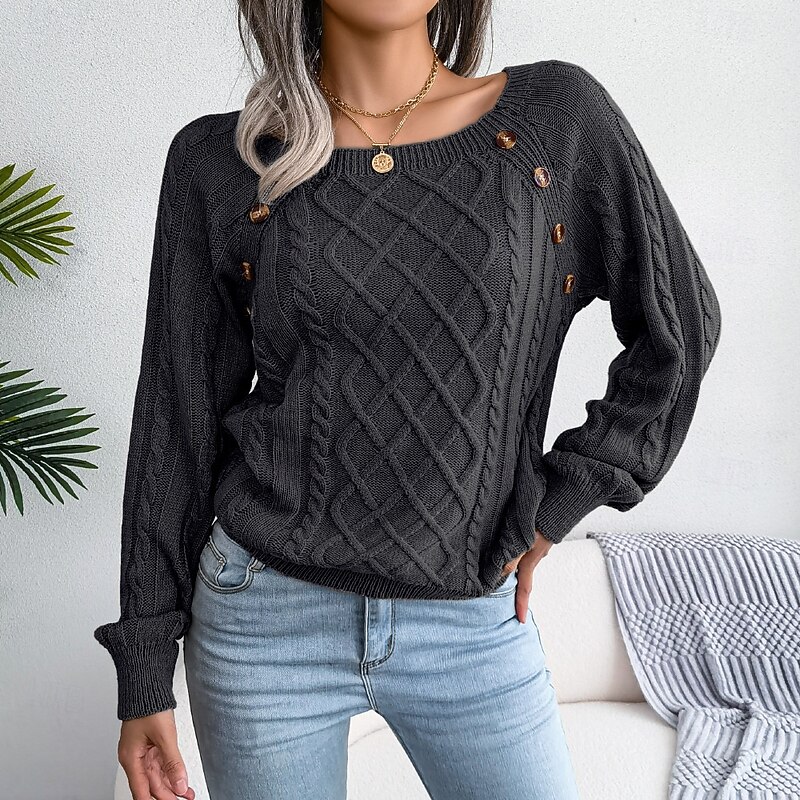 Women's Sweater Casual Soft Geometric Crew Neck Buttons Long Sleeve Regular Tops Knit Outdoor Daily Weekend Black Fall Winter