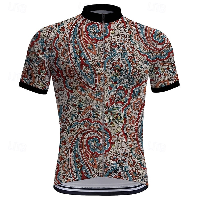 Men's Cycling Jersey Paisley Short Sleeve Bike Tee Tshirt Top with 3 Rear Pockets Mountain Bike MTB Road Bike Cycling Quick Dry Front Zipper Wicking Sports Red Blue Green Clothing Apparel