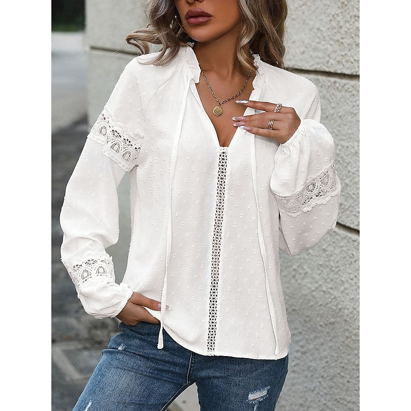 Women's White Elegant Lace Tops Eyelet Blouse Casual Solid Color Tie Front Lace Long Sleeve Regular Tops Notched Neck Daily White Romantic Petite Tops Summer Holiday Wear Semi Formal Blouses