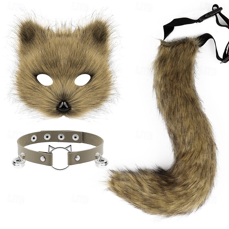 Faux Fur Fox Mask Wolf Cat Fluffy Tail and Leather Necklace Set Carnival Party Cosplay Costume Accessory4