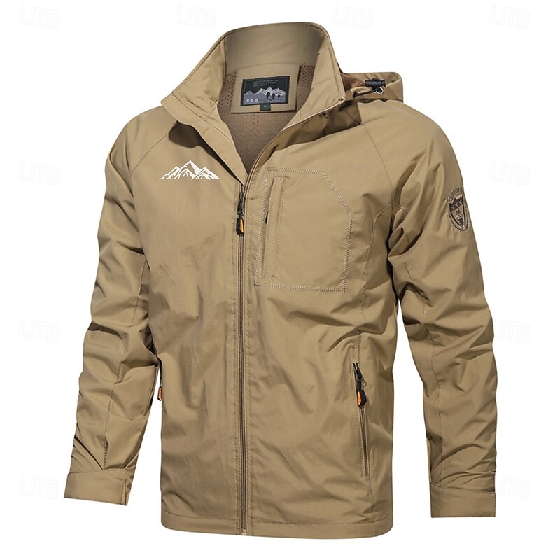 Men's Graphic Prints Mountain Jacket Raincoat Shell Jacket Waterproof Lightweight Casual Sports Outdoor Camping & Hiking Embroidered Side Pockets Zip Front Fall Winter Hooded Long Sleeve Black Green4