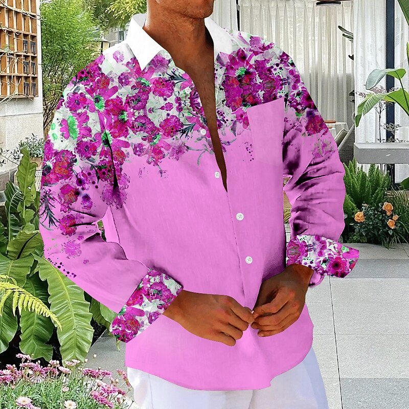 Men's Floral Beach Shirt Button Up Shirt Long Sleeve Hawaiian Vacation Daily Fall Winter Spring & Summer Collared Shirts 3D Print Blue Fuchsia Green2