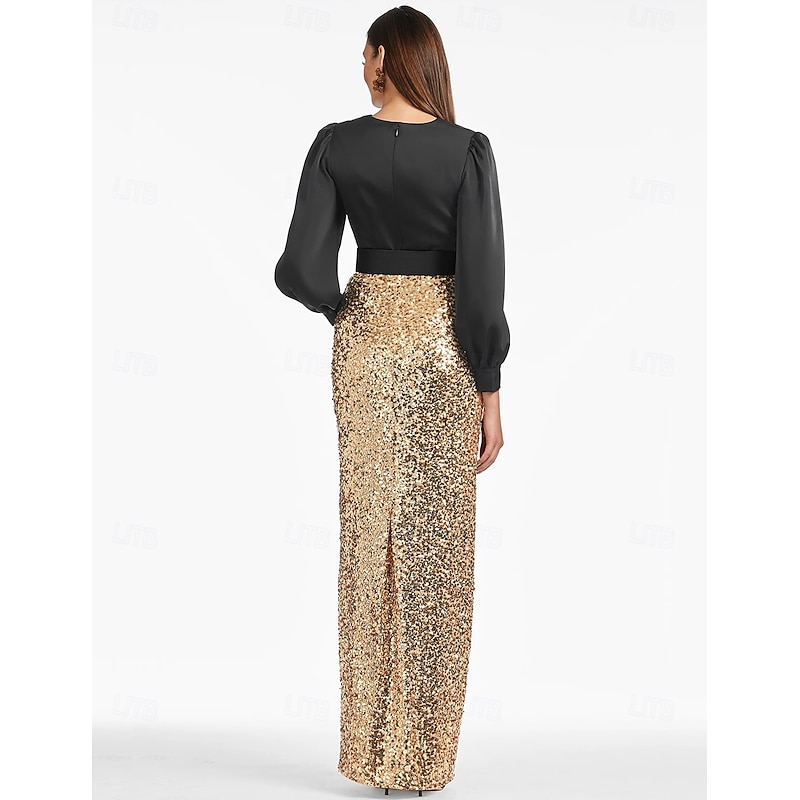 Black and Gold / Sequin Mermaid Formal Evening Gown Elegant Dress Floor Length Long Sleeve V Neck Belt / Sash with Slit2