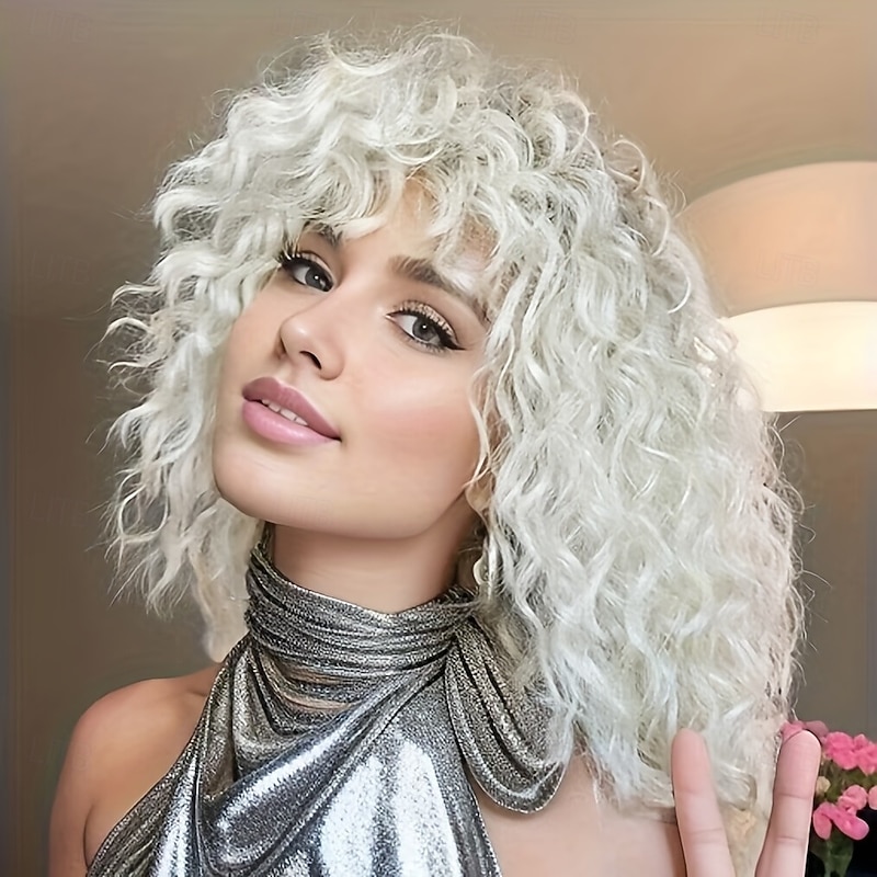 Long Curly Wig with Bangs for Women - Versatile White Style for Anime Cosplay & Halloween Costumes