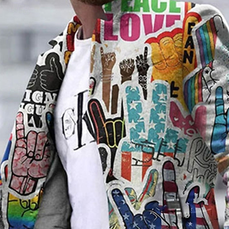 Men's Graffiti National Flag Winter Coat Overcoat Coat Warm Comfortable Breathable Fashion Streetwear Business Work Wear to work Going out Pocket Print Fall & Winter Turndown Long Sleeve Gray3