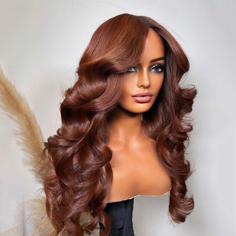 Remy Human Hair 13x4 Lace Front Wig Middle Part Brazilian Hair Loose Wave Brown Wig 130% 150% Density 100% Virgin Glueless Pre-Plucked For Women Long Human Hair Lace Wig2