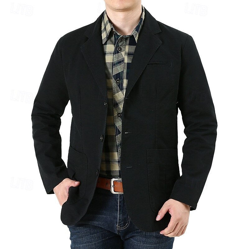Men's Blazer Business Cocktail Party Wedding Party Fashion Casual Spring &  Fall 100% Cotton Solid Color Pocket Buttons Comfortable Single Breasted Blazer Black Green khaki