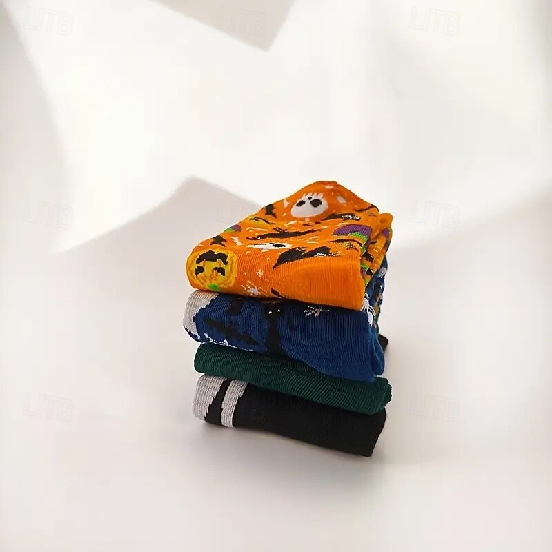 Men's 4 Pairs Multi Packs Socks Crew Socks Casual Socks Halloween Socks Rainbow Color Pumpkin Halloween Bat Sports & Outdoor Daily Vacation Basic Medium Fall & Winter Fashion Casual3