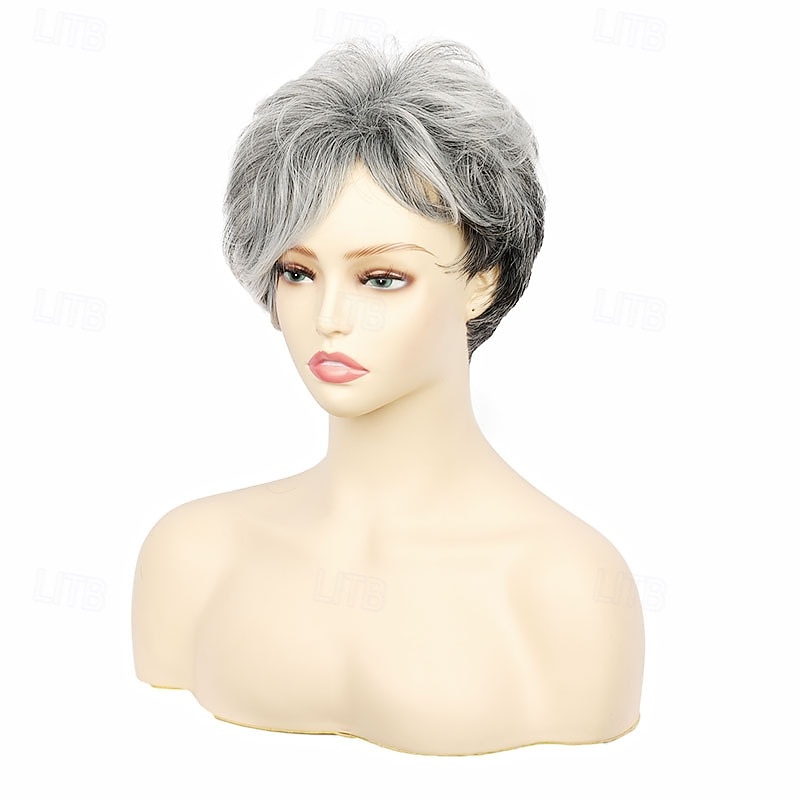 Short Grey Wigs for White Women Pixie Cut Gray Wigs with Bangs Natural Curly Synthetic Hair Wigs Layered Short Womens Wigs4