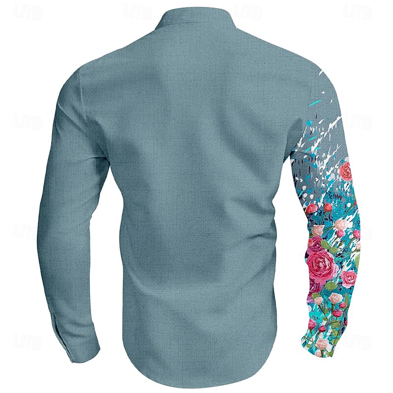 Men's Floral Button Up Shirt Long Sleeve Casual Vacation Daily Summer Spring &  Fall Grandad Collar Band Collar 3D Print White Pink Blue Sage2