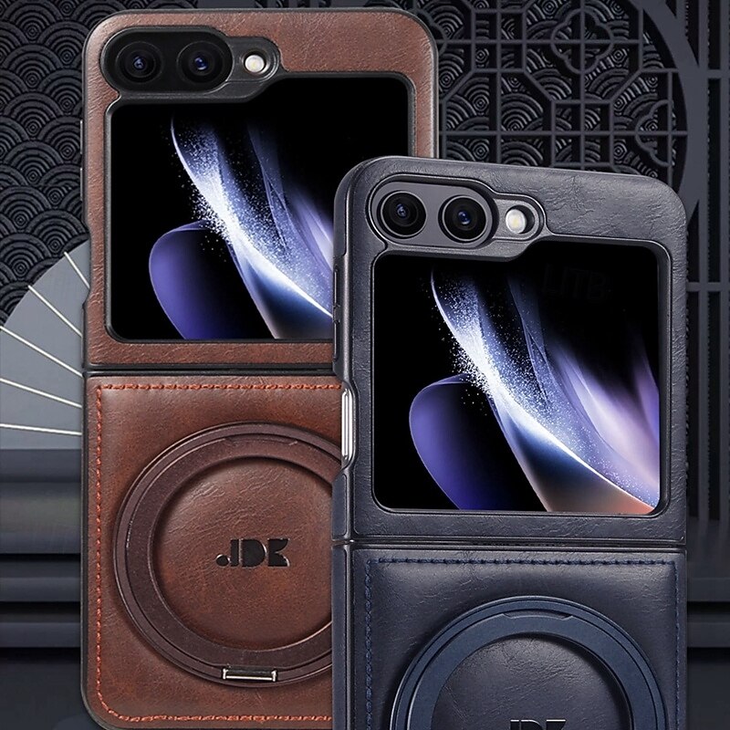 Phone Case For Samsung Galaxy Z Flip 6 Z Flip 5 Z Flip 4 Z Flip 3 Back Cover with Stand Holder Support Wireless Charging Shockproof Retro TPU PU Leather2