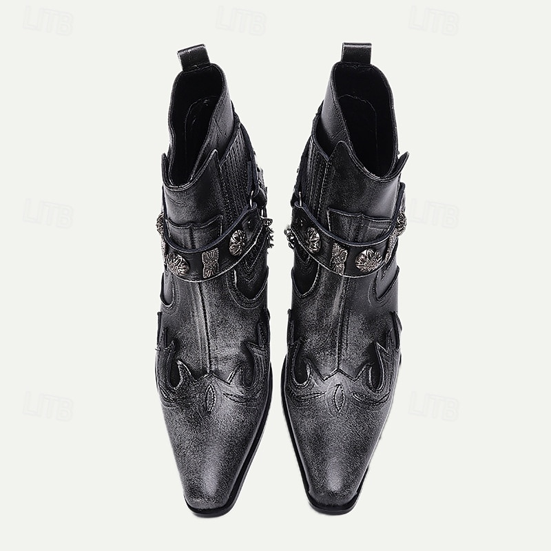 Men's Black Premium Cowhide Leather Motorcycle Boots with Western Style, Metal Studded Strap, and Chain Accent – Perfect for Biker and Cowboy-Inspired Fashion4