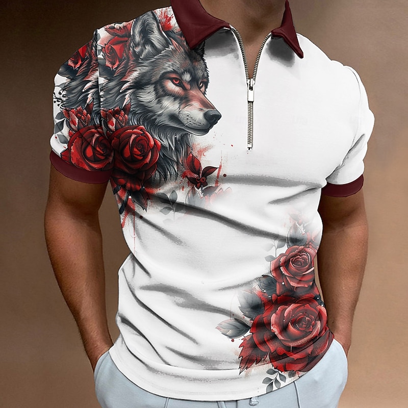 Men's Wolf Zip Polo Shirts Golf Shirt Short Sleeve Polo Shirts Collared Shirts Casual Funny Streetwear Vacation Wear Party Outfits 3D Print Quarter Zip Polo Summer Spring Black Wine Red2