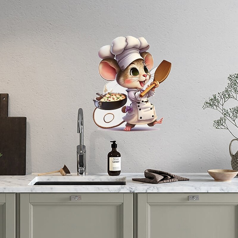 Chef Mouse Wall Decal, Kitchen Cartoon Mouse Adhesive Wall Sticker, Animal Print Oblong Toilet Lid Decal, Plastic Self-Adhesive Single Use Wall Art for Home Decor - Kitchen, Bedroom3