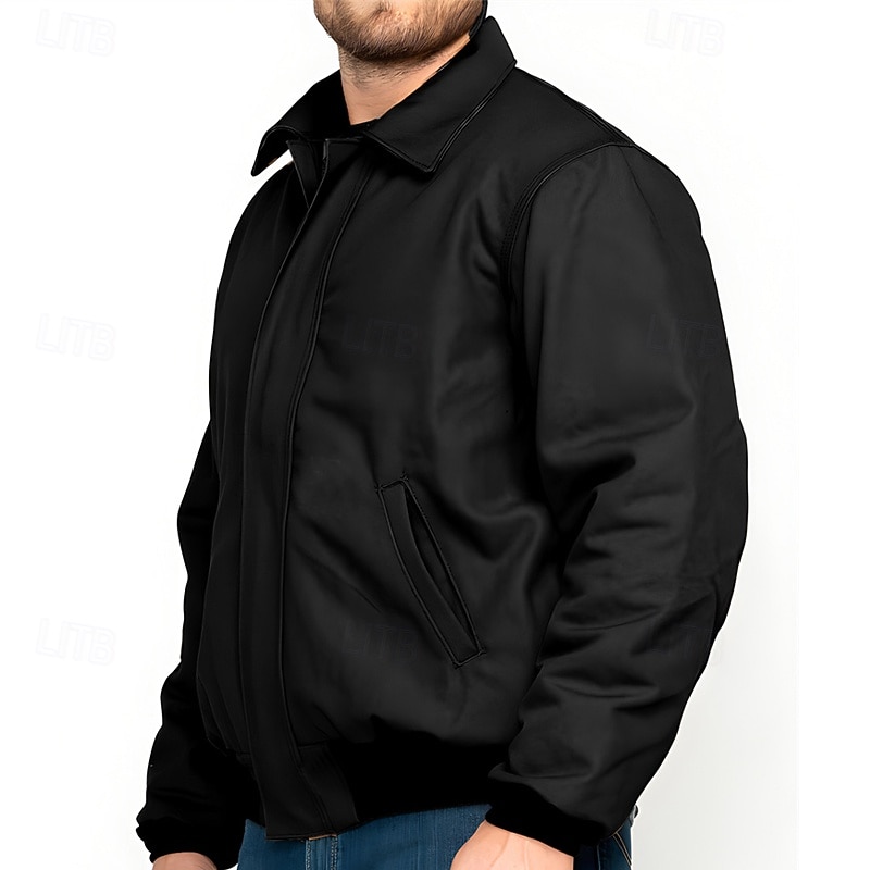 Men's Shirt Jacket Transition Jacket Going out Windbreaker Pocket All Seasons Plain Casual Lapel Regular Black Khaki Jacket4