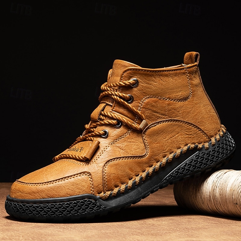 Men's Casual Lace-Up Ankle Boots – Faux Leather Handmade Moccasin-Style Outdoor Shoes with Hand-Stitched Details and Non-Slip Sole for Hiking and Daily Wear