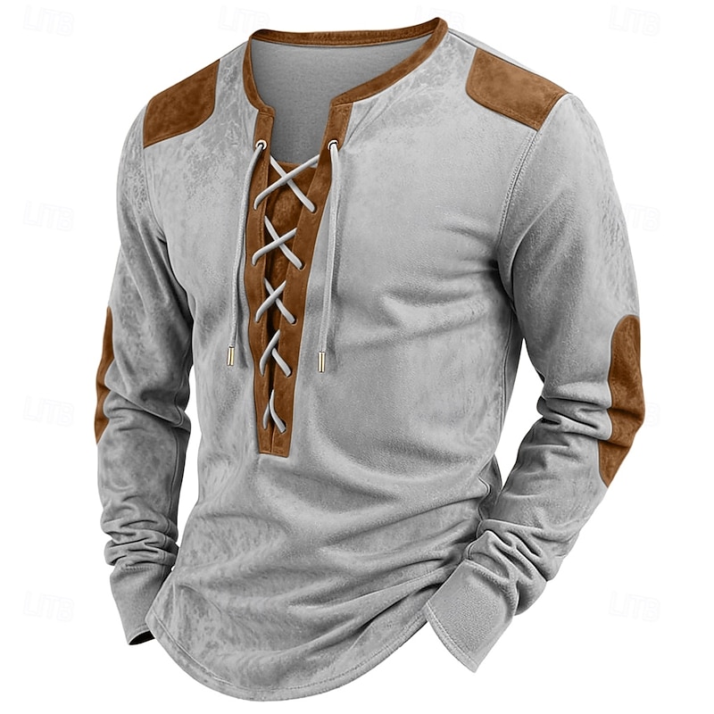 Men's Faux Suede Henley Shirt Tee Top Long Sleeve Shirt Patchwork Henley Outdoor Street Long Sleeve Drawstring Clothing Apparel Daily Casual Street Style