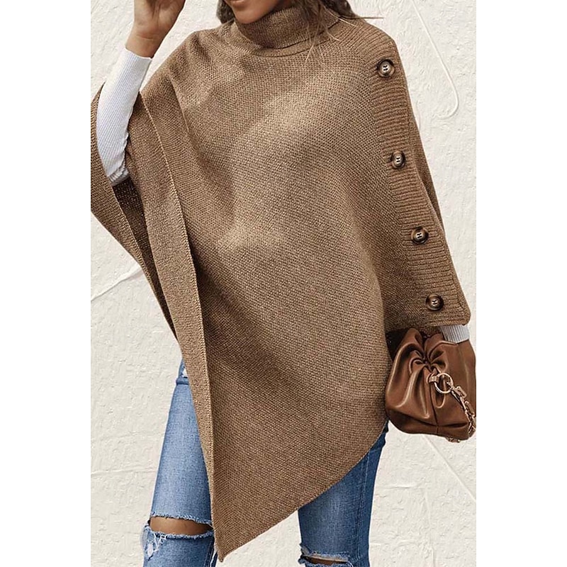 Women's Cape Daily Casual Solid Color Turtleneck Knitted 3/4 Length Sleeve Regular Tops Knit Formal Outdoor Work Pink Brown Fall Winter2