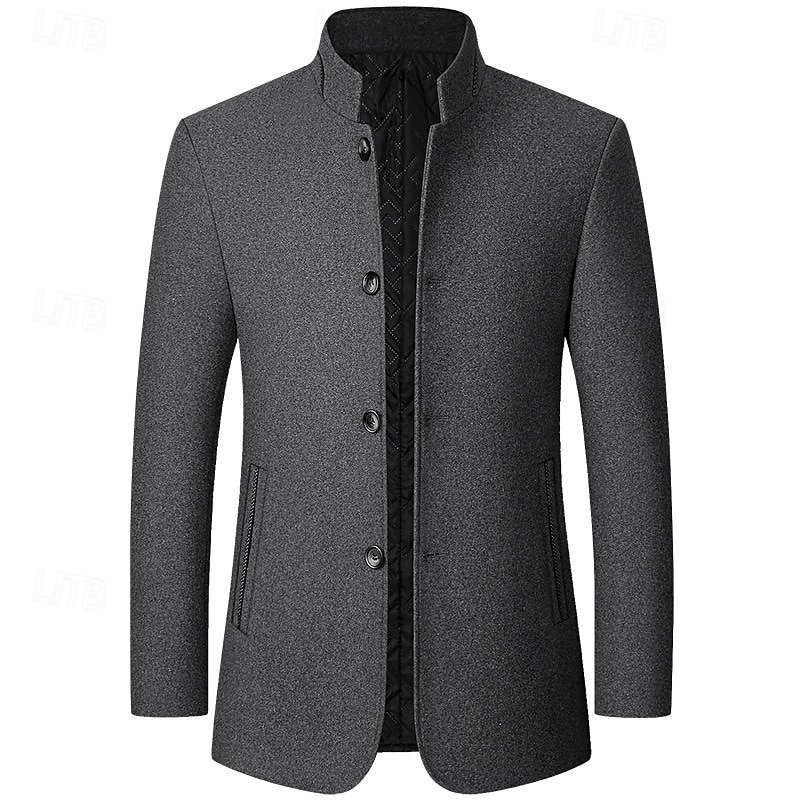 Men's Winter Coat Wool Coat Trench Coat Daily Vacation Fall & Winter Polyester Thermal Warm Outerwear Clothing Apparel Fashion Classic Plain Pocket Stand Collar Single Breasted