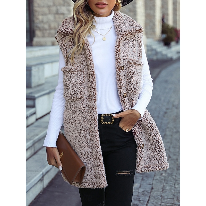 Women's Fleece Jacket Fleece Vest Teddy Coat Warm Breathable Pocket Fleece Lined Casual Plain Vacation Street Daily Wear Going out Single Breasted Regular Turndown Regular Fit Sleeveless Outerwear4