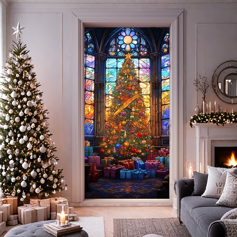 Christmas Door Decorations Door Covers Xmas Tree Stained Glass Door Tapestry Door Curtain Decoration Backdrop Door Banner for Front Door Farmhouse Holiday Party Decor Supplies Indoor/Outdoor3