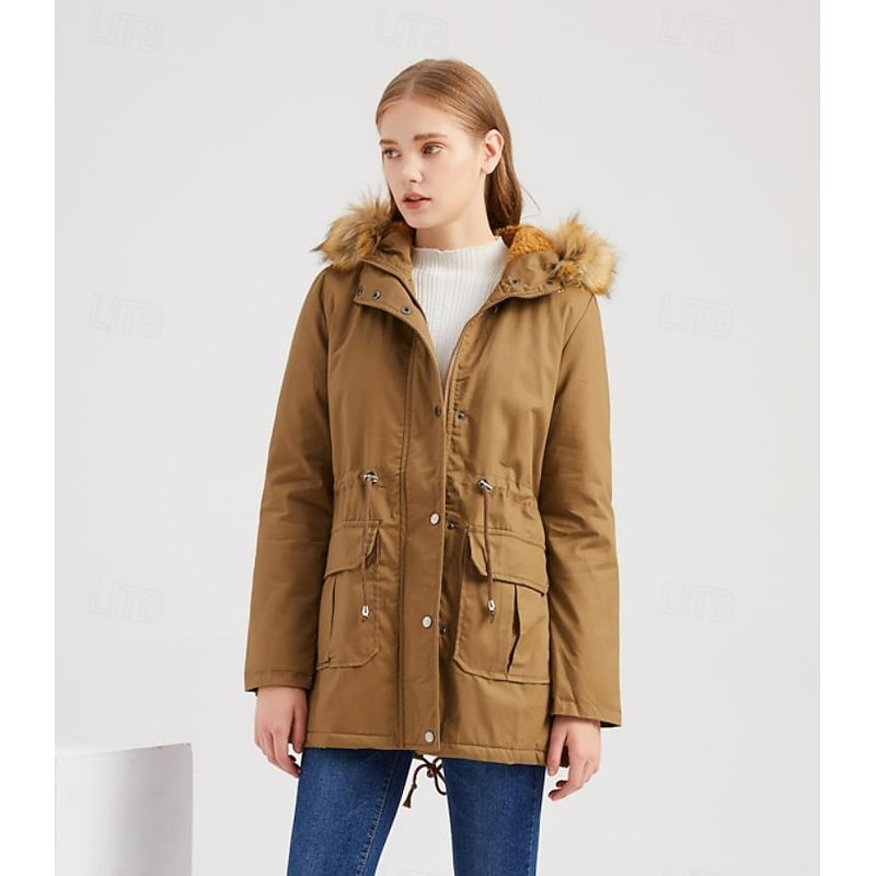 Women's Coat Warm Breathable Zipper Buttons Pocket Casual Solid Color Vacation Street Daily Wear Going out Zipper Regular Hoodie Regular Fit Long Sleeve Outerwear Black Wine Khaki Fall Winter2