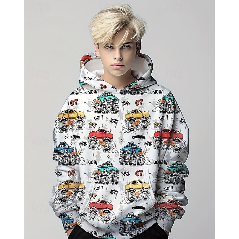 Boys 3D Graphic Car Hoodie Long Sleeve Spring Fall Fashion Streetwear Kids 4-12 Years Hooded Outdoor Casual Daily Regular Fit